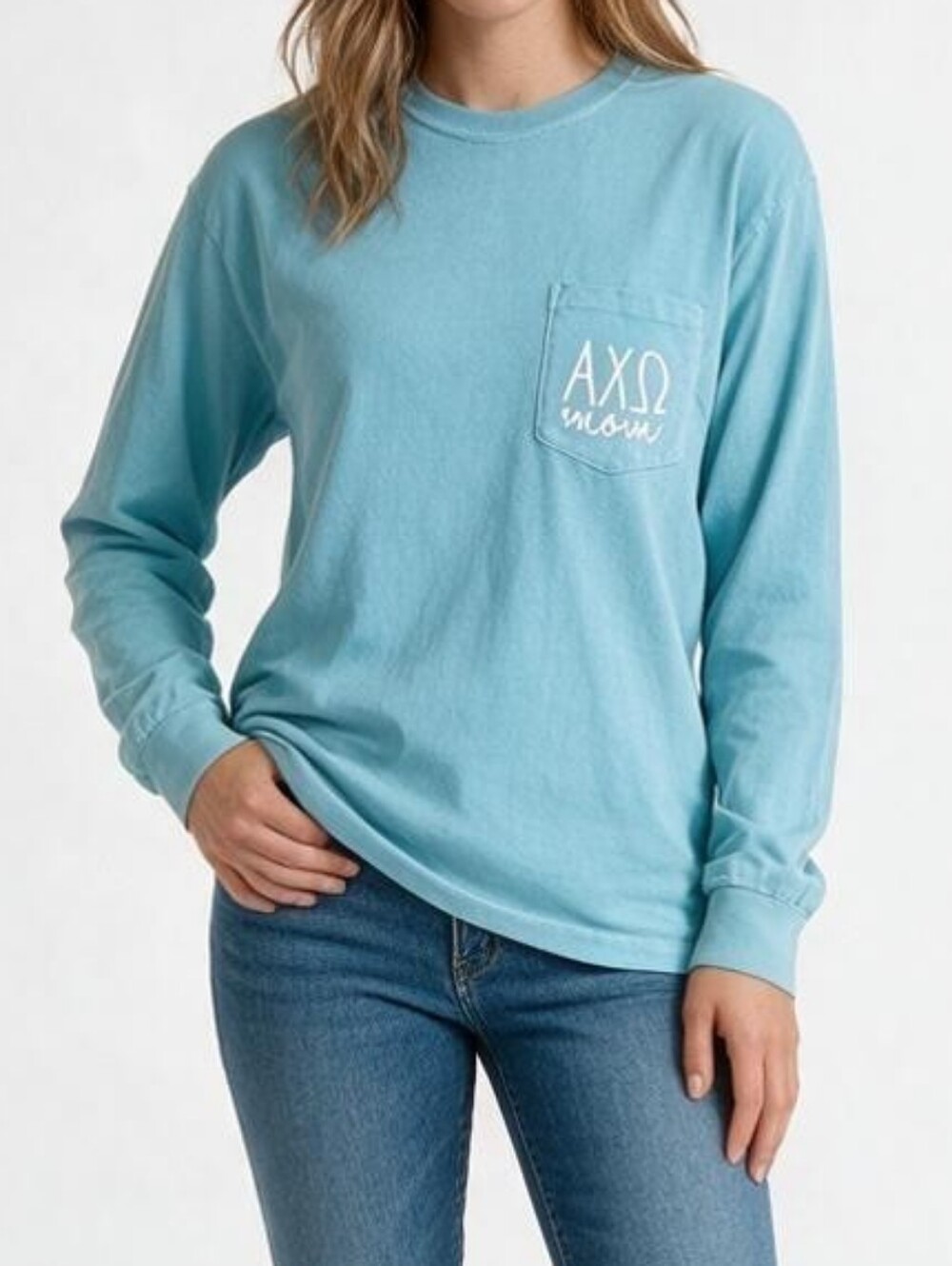 Comfort Colors Light Teal Greek "Mom" Long Sleeve Pocket Tee